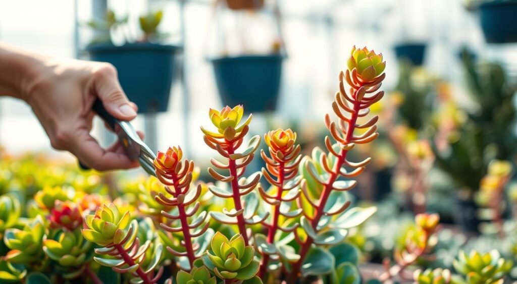 A lush, vibrant Kalanchoe plant, its succulent leaves shimmering in the soft, diffused natural light of an airy greenhouse. In the foreground, a skilled gardener's hands gently prune the plant, carefully removing any dead or damaged foliage. The middle ground reveals the plant's sturdy, geometric stems, their intricate patterns accentuated by the photographer's macro lens. In the background, the blurred outline of other Kalanchoe specimens suggests a well-tended collection, each plant a testament to the gardener's meticulous care and attention. The scene conveys a sense of serenity and expertise, inviting the viewer to appreciate the art of Kalanchoe maintenance. A lush, vibrant Kalanchoe plant, its succulent leaves shimmering in the soft, diffused natural light of an airy greenhouse. In the foreground, a skilled gardener's hands gently prune the plant, carefully removing any dead or damaged foliage. The middle ground reveals the plant's sturdy, geometric stems, their intricate patterns accentuated by the photographer's macro lens. In the background, the blurred outline of other Kalanchoe specimens suggests a well-tended collection, each plant a testament to the gardener's meticulous care and attention. The scene conveys a sense of serenity and expertise, inviting the viewer to appreciate the art of Kalanchoe maintenance.