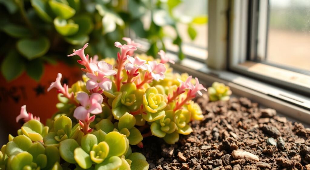 A lush, vibrant kalanchoe plant thriving in its ideal watering conditions. The foreground showcases the plant's thick, fleshy leaves in shades of green, with delicate pink flowers blooming atop the succulent stems. The middle ground features the plant's compact, well-drained soil, with subtle variations in texture and color. The background depicts a warm, sun-dappled setting, perhaps a windowsill or a sheltered outdoor space, creating a serene and nurturing atmosphere for the kalanchoe's growth. The lighting is natural and diffused, highlighting the plant's intricate details and creating a sense of harmony between the subject and its environment. A lush, vibrant kalanchoe plant thriving in its ideal watering conditions. The foreground showcases the plant's thick, fleshy leaves in shades of green, with delicate pink flowers blooming atop the succulent stems. The middle ground features the plant's compact, well-drained soil, with subtle variations in texture and color. The background depicts a warm, sun-dappled setting, perhaps a windowsill or a sheltered outdoor space, creating a serene and nurturing atmosphere for the kalanchoe's growth. The lighting is natural and diffused, highlighting the plant's intricate details and creating a sense of harmony between the subject and its environment.