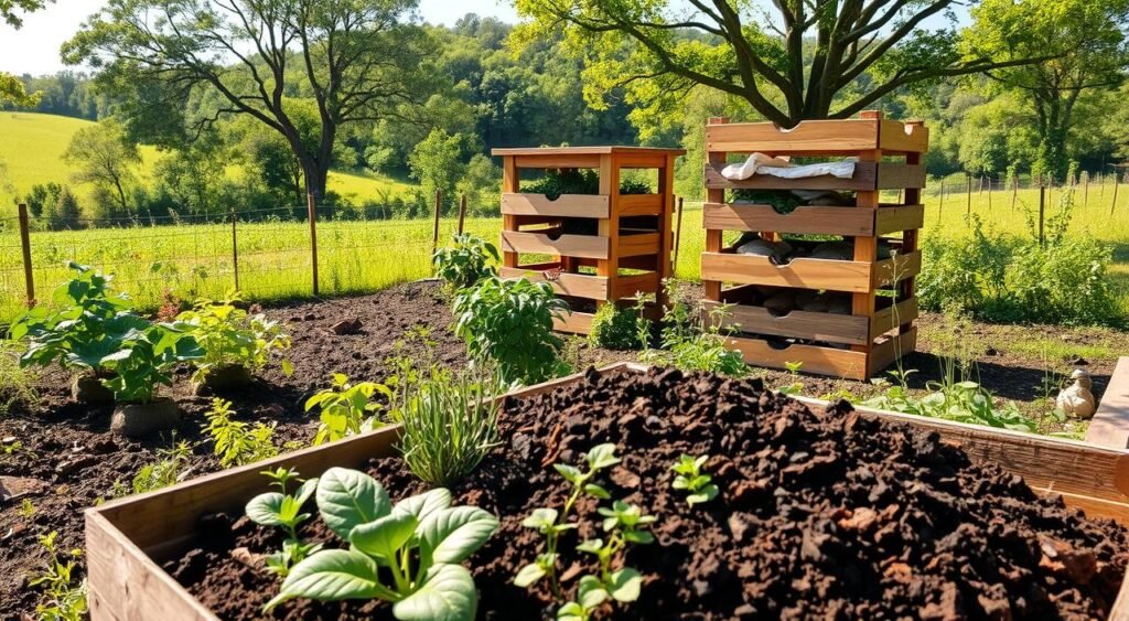 A peaceful organic garden in a warm summer afternoon, showcasing various composting techniques. In the foreground, a well-maintained compost bin filled with rich, dark humus. Surrounding it, a variety of plants and herbs thrive, reflecting the benefits of the composting process. The middle ground features a wooden 3-bin composter, its layers revealing different stages of decomposition. In the background, a lush green landscape with towering trees casts gentle shadows, creating a tranquil atmosphere. The scene is captured with a wide-angle lens, emphasizing the harmony between the composting techniques and the natural environment. Mundo das Plantas.com A peaceful organic garden in a warm summer afternoon, showcasing various composting techniques. In the foreground, a well-maintained compost bin filled with rich, dark humus. Surrounding it, a variety of plants and herbs thrive, reflecting the benefits of the composting process. The middle ground features a wooden 3-bin composter, its layers revealing different stages of decomposition. In the background, a lush green landscape with towering trees casts gentle shadows, creating a tranquil atmosphere. The scene is captured with a wide-angle lens, emphasizing the harmony between the composting techniques and the natural environment. Mundo das Plantas.com
