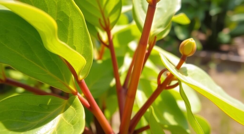 A vibrant close-up image of the leaves and stems of the Erva Baleeira plant, also known as the Sperm Whale Plant or Whale Weed. The foreground shows the distinctive green, fleshy leaves with their characteristic waxy texture, highlighted by soft, diffused natural lighting from an angle. The middle ground reveals the plant's sturdy, reddish-brown stems, giving a sense of the plant's hardy, resilient nature. The background is slightly blurred, suggesting an outdoor setting, perhaps a garden or field, emphasizing the plant's natural habitat. The overall composition conveys the plant's medicinal and therapeutic properties, ready to be explored and utilized. A vibrant close-up image of the leaves and stems of the Erva Baleeira plant, also known as the Sperm Whale Plant or Whale Weed. The foreground shows the distinctive green, fleshy leaves with their characteristic waxy texture, highlighted by soft, diffused natural lighting from an angle. The middle ground reveals the plant's sturdy, reddish-brown stems, giving a sense of the plant's hardy, resilient nature. The background is slightly blurred, suggesting an outdoor setting, perhaps a garden or field, emphasizing the plant's natural habitat. The overall composition conveys the plant's medicinal and therapeutic properties, ready to be explored and utilized.