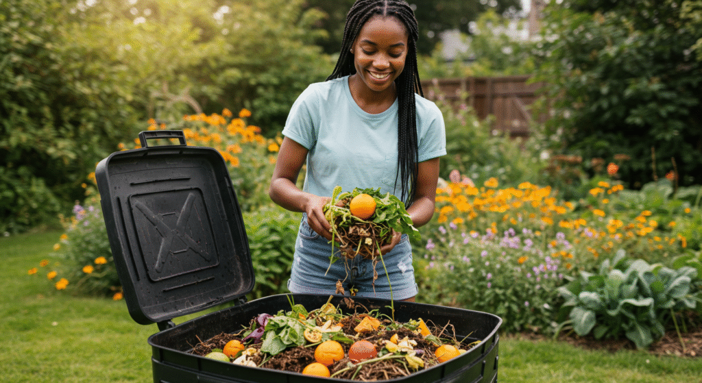 A vibrant, organic compost pile set against a lush, verdant backdrop. In the foreground, a mix of decaying leaves, fruit peels, and other biodegradable materials form the foundation of the compost. The middle ground showcases a carefully constructed layered structure, with alternating brown and green materials, optimizing airflow and decomposition. In the background, a thriving garden with a variety of plants and flowers, all nourished by the rich, dark compost. The scene is illuminated by warm, natural sunlight, casting a gentle glow over the entire composition. The overall mood is one of a sustainable, eco-friendly lifestyle, with the Mundo das Plantas.com brand prominently displayed. mulher fazendo compostagem caseira