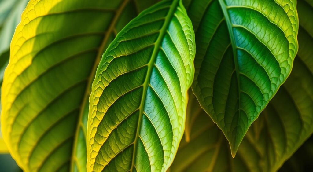 A close-up view of vibrant green guaco leaves, with intricate veins and a soft, velvety texture. The leaves are arranged in a natural, organic composition, showcasing their medicinal properties. Warm, diffused lighting from the side accentuates the leaves' contours and highlights their lush, verdant hues. The background is slightly blurred, creating a sense of depth and focus on the subject. The overall mood is one of natural wonder and the potential for healing, reflecting the medicinal benefits of the guaco plant.