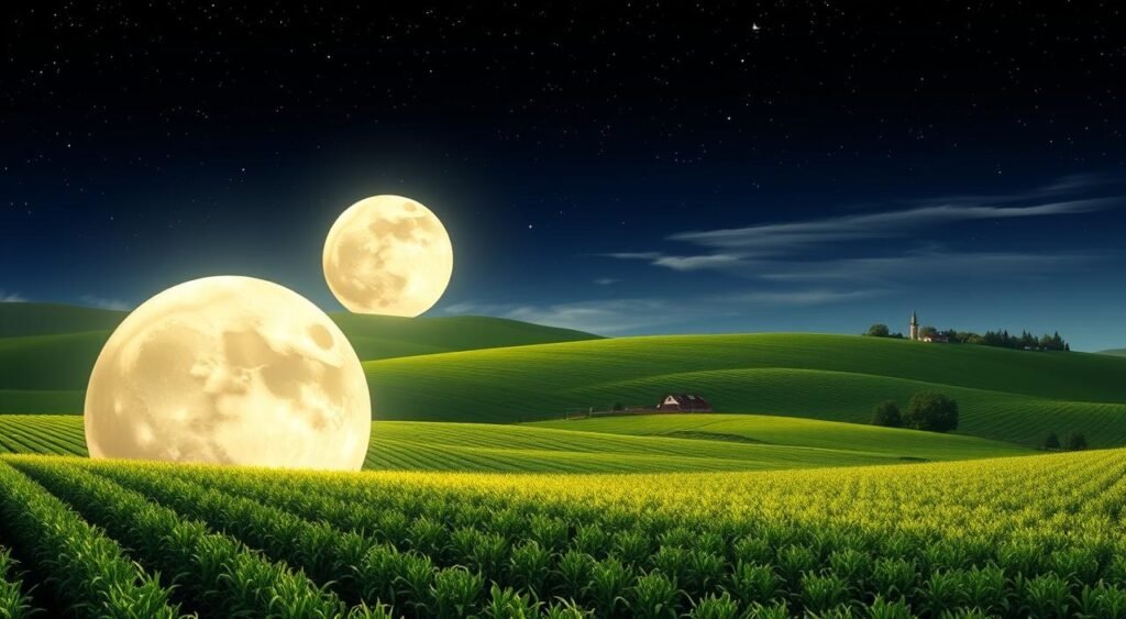A detailed lunar calendar for agricultural planning, rendered in a naturalistic style. In the foreground, a large full moon shines brightly, casting a soft, diffused glow over the scene. In the middle ground, a verdant field stretches out, with rows of crops and a small farmhouse nestled between rolling hills. The background features a starry night sky, with wispy clouds drifting across the horizon. The overall atmosphere is one of tranquility and connection with the rhythms of nature, inviting the viewer to consider the importance of aligning agricultural practices with the lunar cycle. A detailed lunar calendar for agricultural planning, rendered in a naturalistic style. In the foreground, a large full moon shines brightly, casting a soft, diffused glow over the scene. In the middle ground, a verdant field stretches out, with rows of crops and a small farmhouse nestled between rolling hills. The background features a starry night sky, with wispy clouds drifting across the horizon. The overall atmosphere is one of tranquility and connection with the rhythms of nature, inviting the viewer to consider the importance of aligning agricultural practices with the lunar cycle.