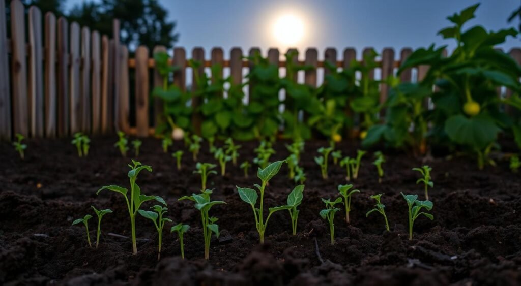 A lush garden bed during the full moon, the soft lunar light casting a serene glow over the freshly tilled soil. In the foreground, a variety of seedlings and young plants stand ready for planting, their delicate leaves glistening with dew. The middle ground features a row of mature vegetable plants, their leaves and fruits illuminated by the moonlight. In the background, a wooden fence frames the scene, its weathered planks contrasting with the vibrant greens of the garden. The overall atmosphere is one of tranquility and anticipation, as the gardener prepares to sow their crops during this auspicious lunar phase. A lush garden bed during the full moon, the soft lunar light casting a serene glow over the freshly tilled soil. In the foreground, a variety of seedlings and young plants stand ready for planting, their delicate leaves glistening with dew. The middle ground features a row of mature vegetable plants, their leaves and fruits illuminated by the moonlight. In the background, a wooden fence frames the scene, its weathered planks contrasting with the vibrant greens of the garden. The overall atmosphere is one of tranquility and anticipation, as the gardener prepares to sow their crops during this auspicious lunar phase.