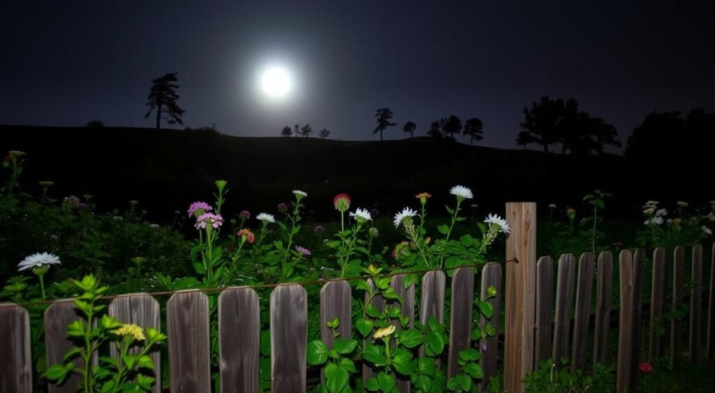 A serene night landscape bathed in the soft, ethereal glow of a full moon. In the foreground, a lush garden bursting with thriving plants and flowers, their leaves and petals shimmering under the lunar light. The middle ground features a rustic wooden fence, its weathered planks framing the scene. In the background, a rolling hill dotted with tall, swaying trees silhouetted against the night sky. The atmosphere is calm, peaceful, and infused with a sense of natural harmony, reflecting the benefits of planting during the full moon. A serene night landscape bathed in the soft, ethereal glow of a full moon. In the foreground, a lush garden bursting with thriving plants and flowers, their leaves and petals shimmering under the lunar light. The middle ground features a rustic wooden fence, its weathered planks framing the scene. In the background, a rolling hill dotted with tall, swaying trees silhouetted against the night sky. The atmosphere is calm, peaceful, and infused with a sense of natural harmony, reflecting the benefits of planting during the full moon.