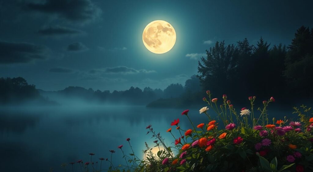 A serene night sky filled with a large, luminous full moon reflected in a calm, still pond. The moon casts a soft, ethereal glow over the tranquil landscape, bathing the scene in a warm, mystical light. In the foreground, a lush, verdant garden bursting with vibrant flowers and foliage sways gently in the cool night breeze. The overall atmosphere is one of peace, harmony, and the cyclical rhythms of nature. A serene night sky filled with a large, luminous full moon reflected in a calm, still pond. The moon casts a soft, ethereal glow over the tranquil landscape, bathing the scene in a warm, mystical light. In the foreground, a lush, verdant garden bursting with vibrant flowers and foliage sways gently in the cool night breeze. The overall atmosphere is one of peace, harmony, and the cyclical rhythms of nature.