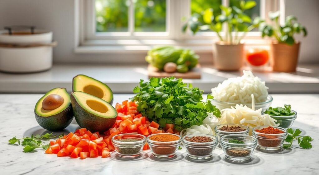 A well-lit kitchen countertop displaying an assortment of guacamole ingredients, including ripe avocados, diced tomatoes, chopped onions, fresh cilantro sprigs, and a variety of spices in small bowls. The arrangement is visually appealing, with the colors and textures of the ingredients creating a harmonious composition. The lighting is soft and natural, casting gentle shadows and highlighting the vibrant hues. In the background, a window offers a glimpse of a lush, green garden, suggesting the fresh, earthy nature of the guacamole ingredients. The overall mood is one of culinary creativity and the joy of preparing a healthy, flavorful beverage.