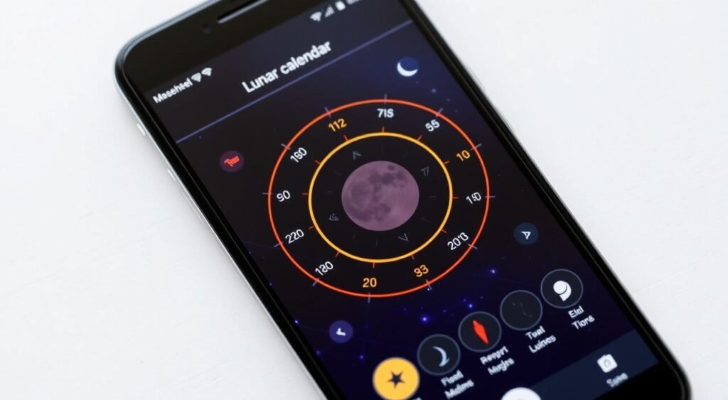 Imagem de um aplicativo de calendário lunar no smartphone Imagem de um aplicativo de calendário lunar no smartphone