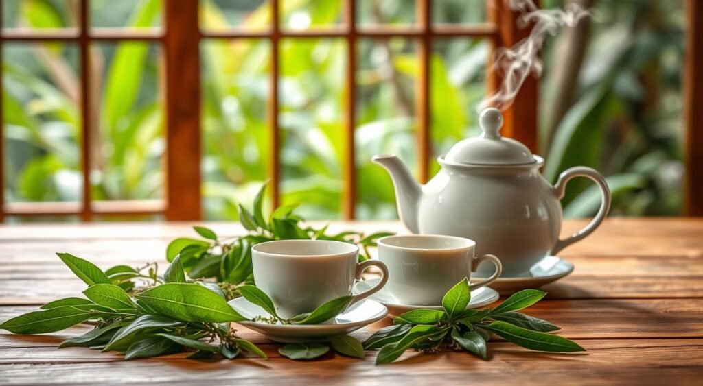 Preparo do chá de guaco: A vibrant and soothing scene of a traditional tea ceremony, set against a serene natural backdrop. In the foreground, a delicate ceramic teapot and matching cups rest on a wooden table, steam rising gently. Surrounding them, fresh guaco leaves and herbs are carefully arranged, their verdant hues contrasting with the warm, earthy tones of the wood. Soft, diffused lighting illuminates the scene, creating a calming, intimate atmosphere. In the background, a window frames a lush, verdant garden, hinting at the natural origins of this restorative beverage. The overall composition conveys a sense of harmony, inviting the viewer to pause, relax, and savor the ritual of preparing and enjoying this traditional herbal tea.