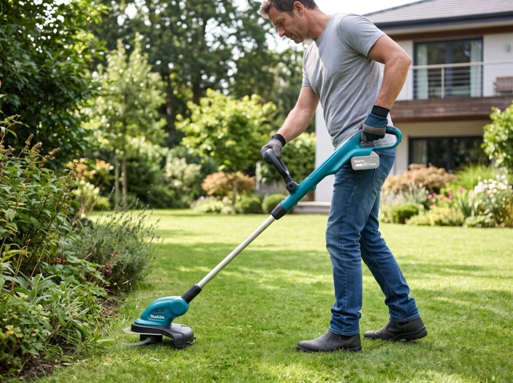Homem a cortar os rebordos do relvado com aparador de relva a bateria Makita 18V sem fios. Análise dos melhores aparadores de relva portáteis com bateria de iões de lítio para jardinagem doméstica