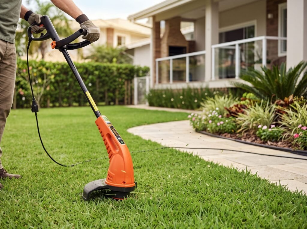Homem utilizando aparador de grama elétrico para corte e acabamento de bordas em gramado residencial. Guia de compra comparando modelos elétricos e a bateria da Tramontina e Trapp para jardinagem doméstica.