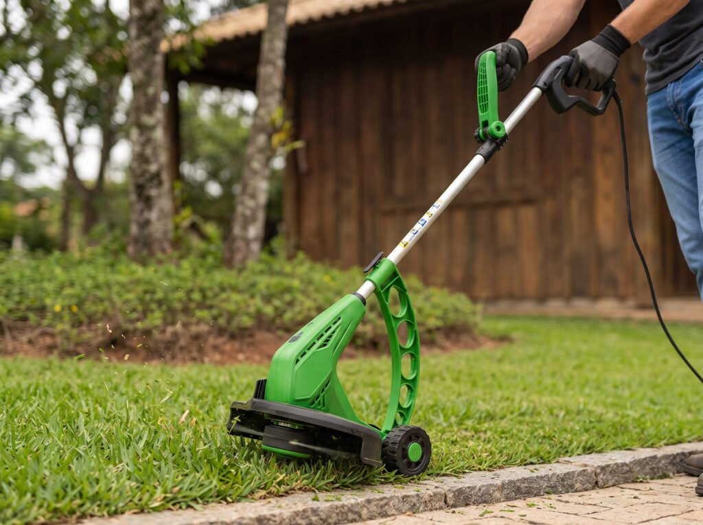 Operador a utilizar aparador de relva elétrico verde com roda-guia de apoio para alinhamento milimétrico de bordaduras em calçadas e canteiros residenciais.